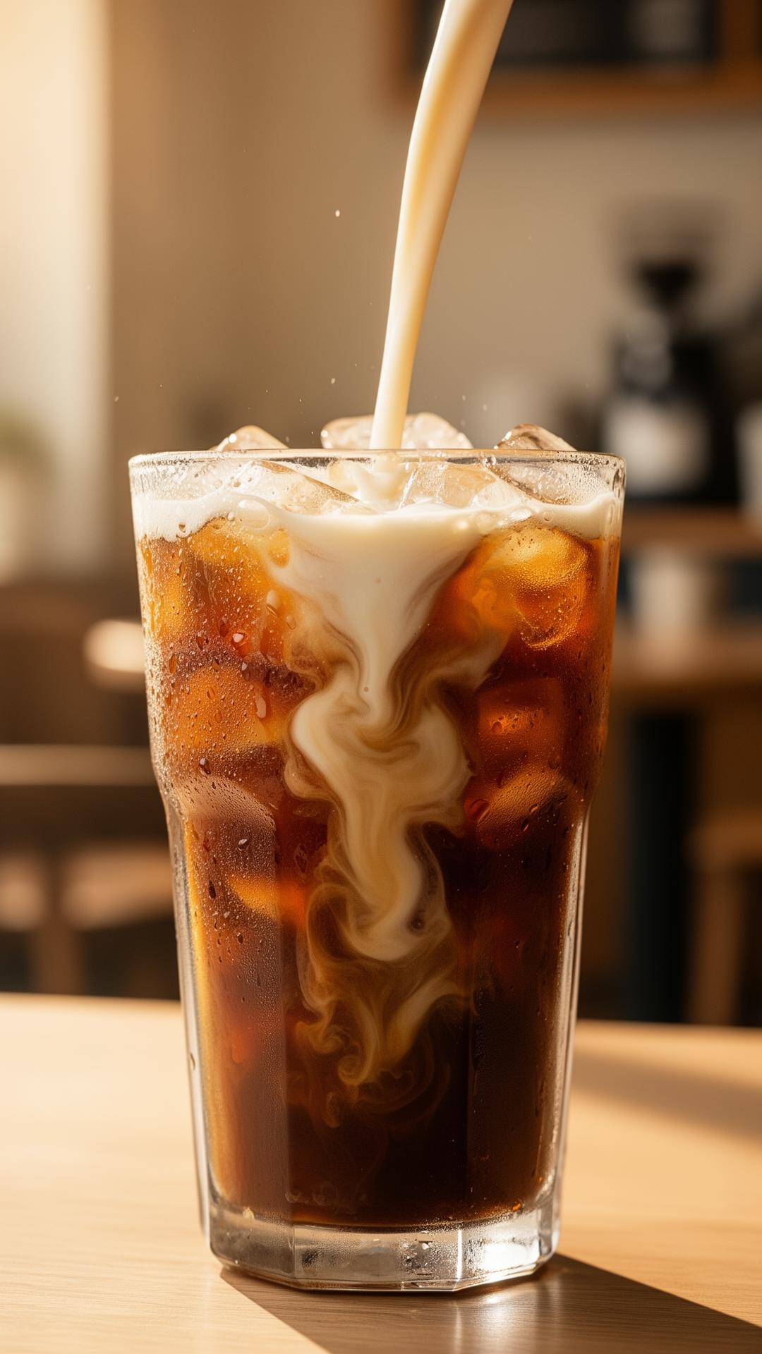 Iced cold brew coffee with caramel gold splash