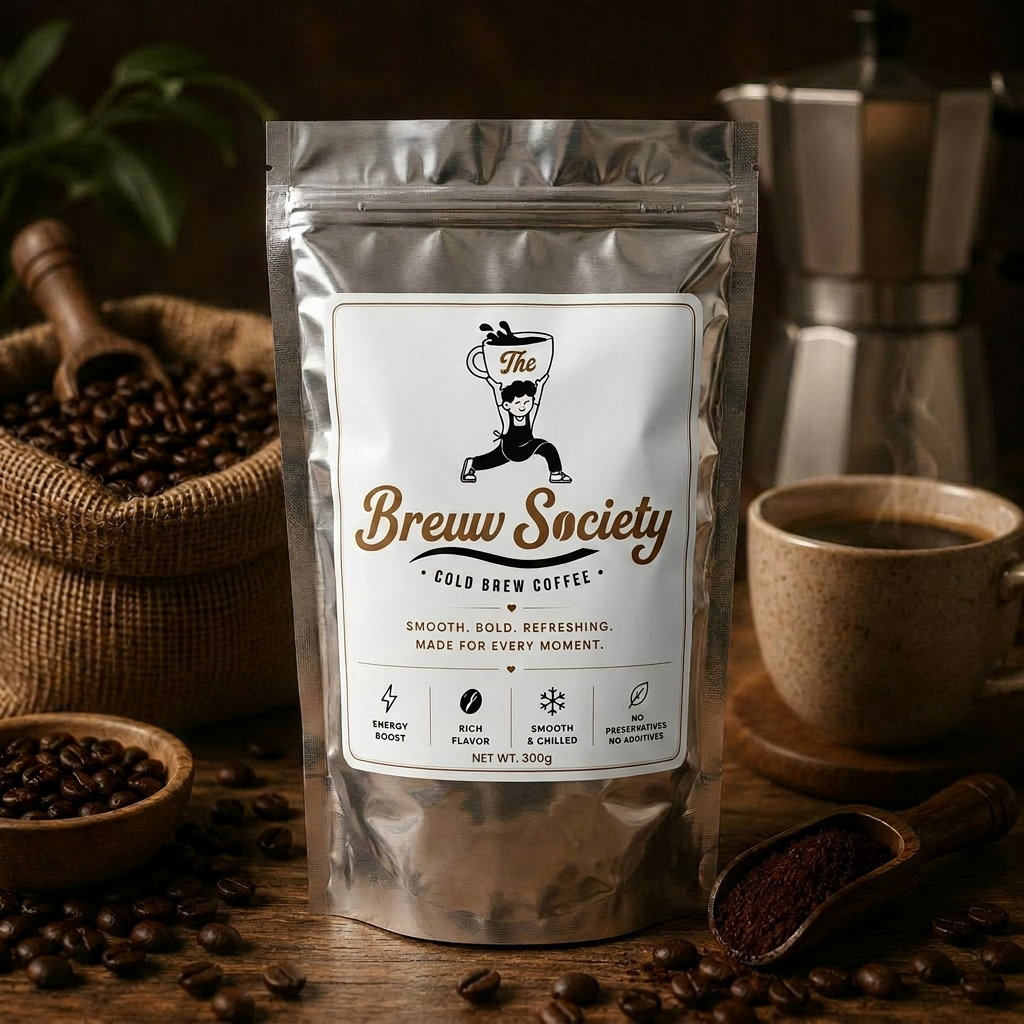 The Breww Society cold brew packaging on rustic café table