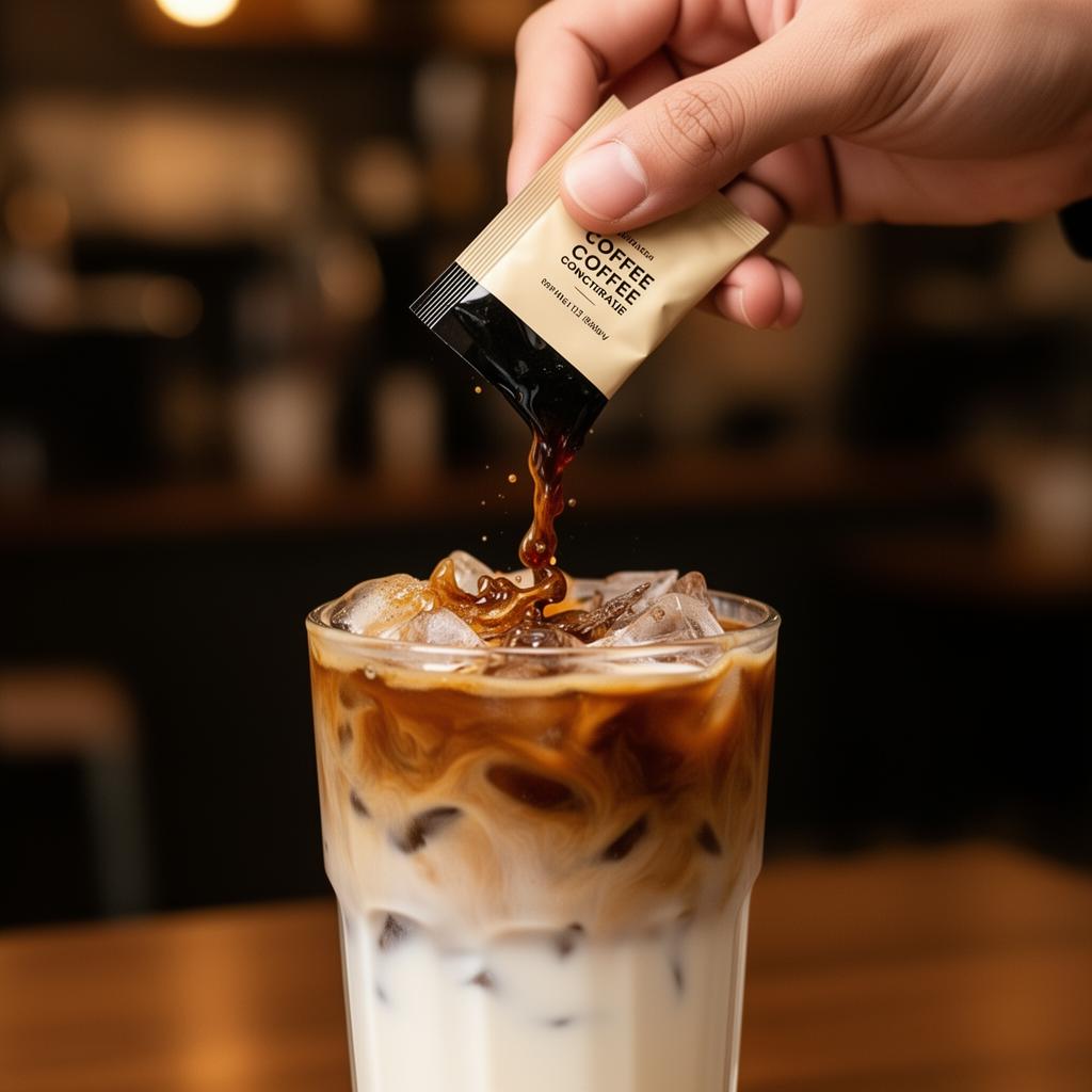 Pouring The Breww Society cold brew sachet into a glass of iced milk